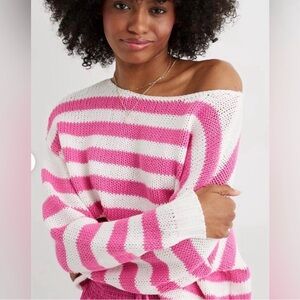 Aerie off the Shoulder chunky sweater pink and white striped cropped size large